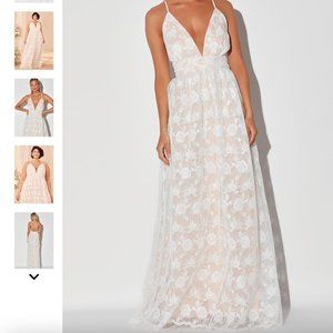 FINAL CHANCE Lulu's Ivywood White and Beige Embroidered Lace Backless Maxi Dress